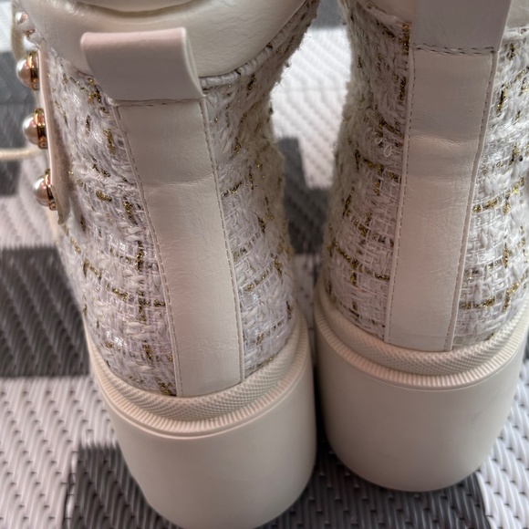 MWOT White Tweed & Leather Ankle Boots with Pearl Accent Strap - Picture 3 of 5